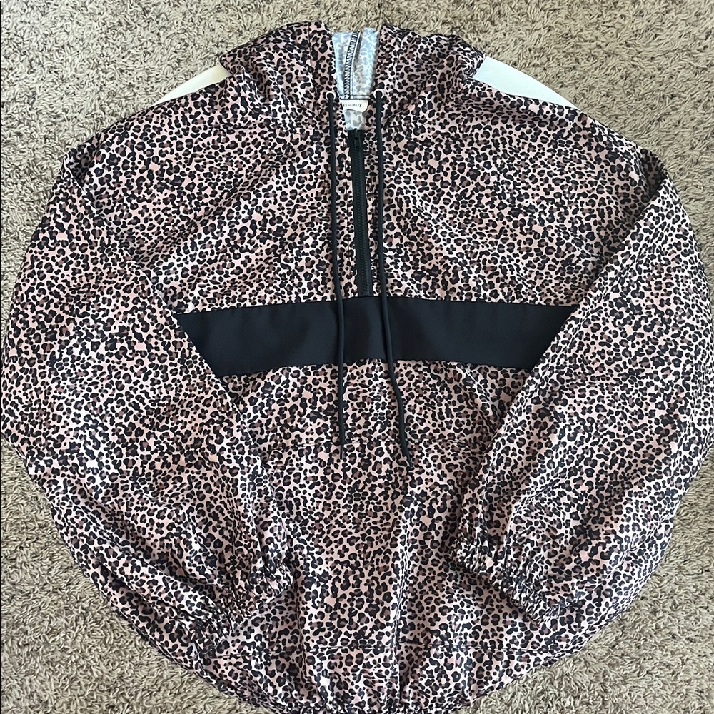 AndTheWhy Quarter-Zip Windbreaker Jacket Small Leopard Brown Black Hooded